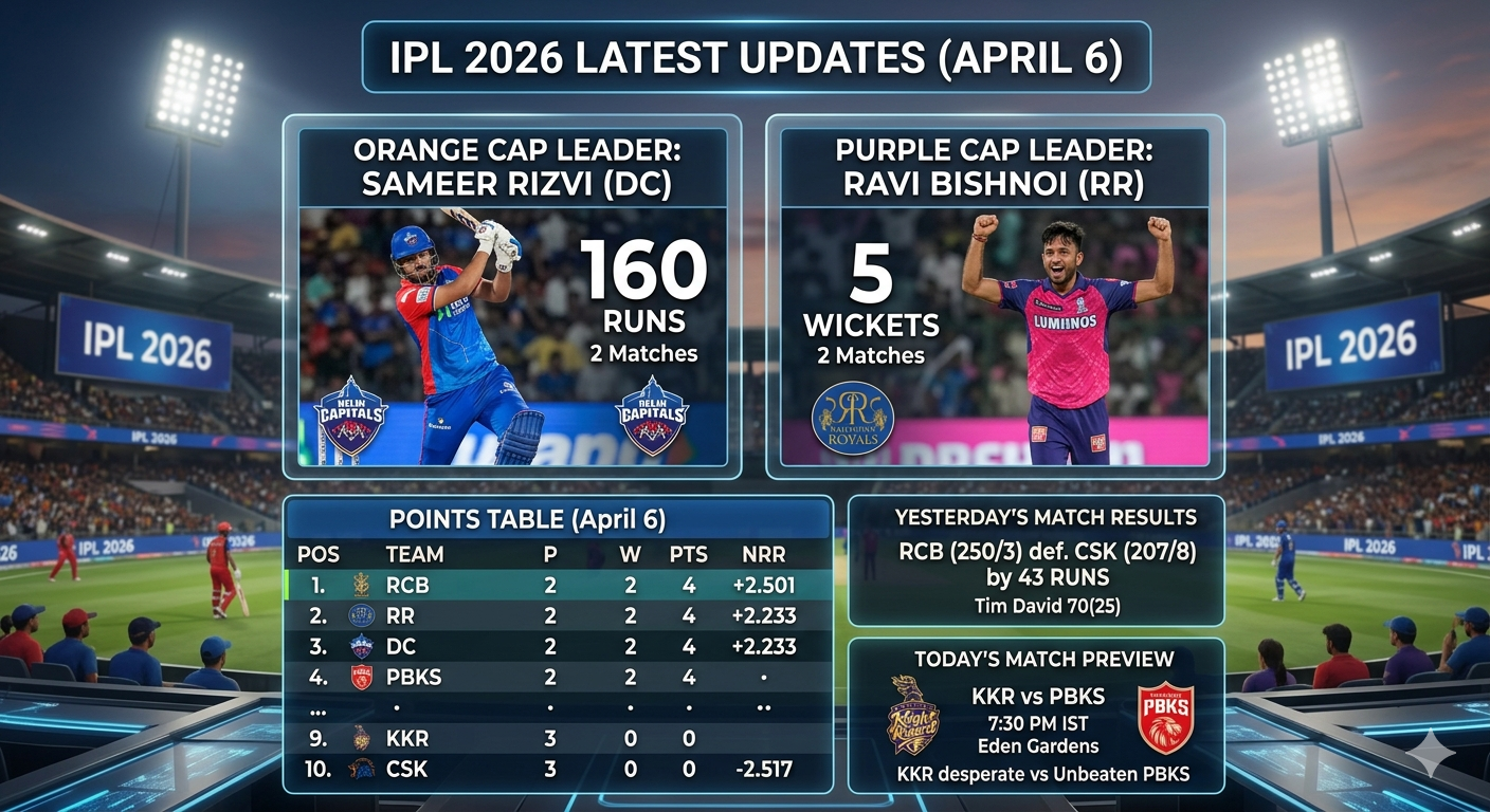IPL 2026 Latest Updates: Points Table, Orange Cap & Match Results (April 6)